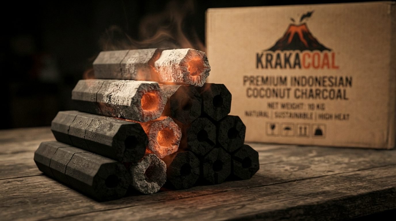 Coconut charcoal briquettes glowing on a BBQ grill